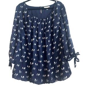 Cb Navy Blue Sheer Boho Blouse with White Birds on Branch Novelty Print